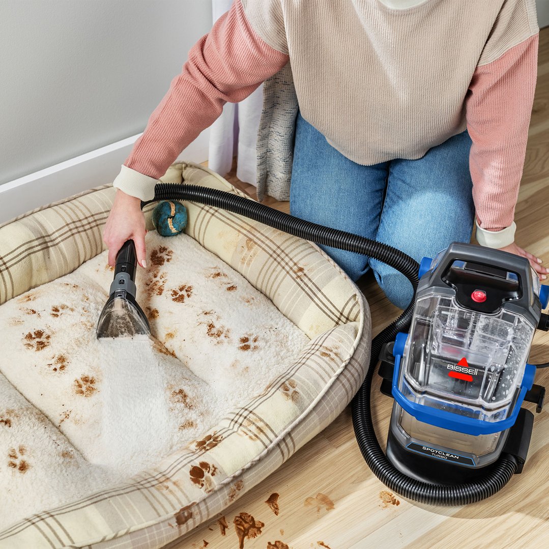 Person cleaning a dirty pet bed with a BISSELL SpotClean Turbo vacuum cleaner