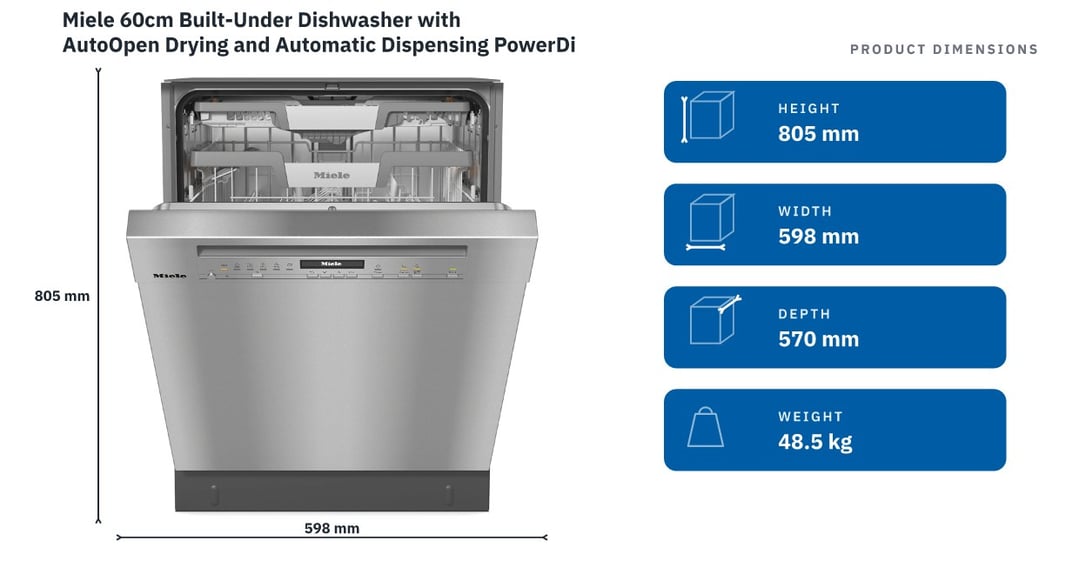 Miele 60cm Built-Under Dishwasher with AutoOpen Drying and Automatic Dispensing PowerDisk CleanSteel G7130SCUCLST — product dimensions