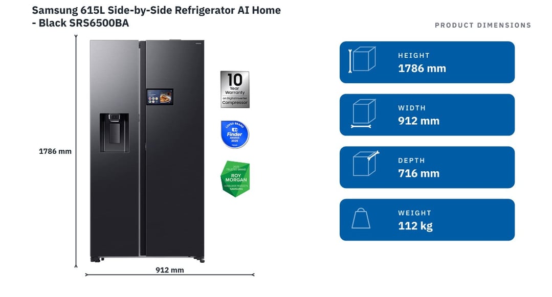 Samsung 615L Side-by-Side Refrigerator AI Home - Black SRS6500BA — product dimensions