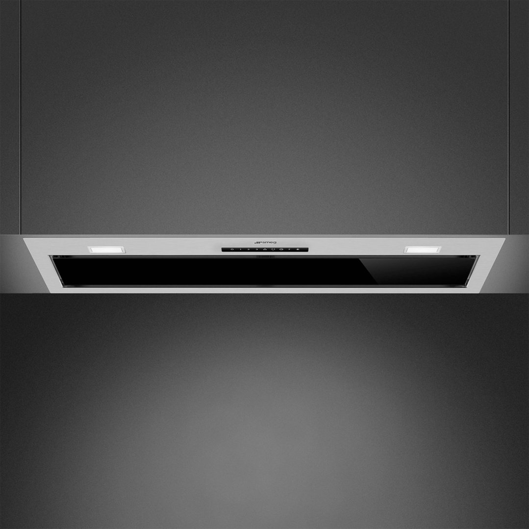 A Smeg rangehood with black glass and controls, installed in a dark kitchen