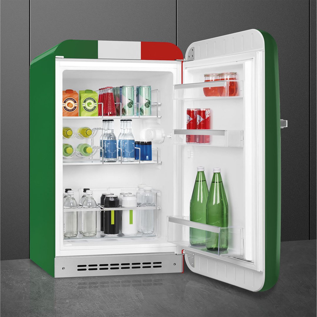Open SMEG FAB10 refrigerator with Italian flag design, filled with drinks