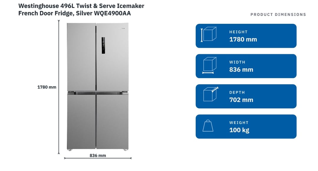 Westinghouse 496L Twist & Serve Icemaker French Door Fridge, Silver WQE4900AA — product dimensions