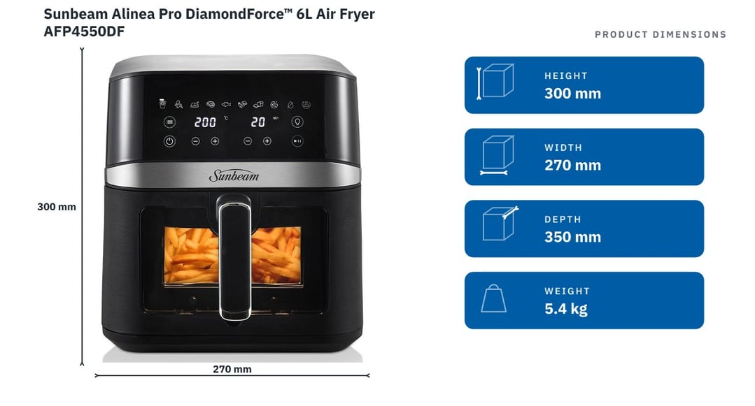 Sunbeam Alinea Pro DiamondForce™ 6L Air Fryer AFP4550DF — product dimensions