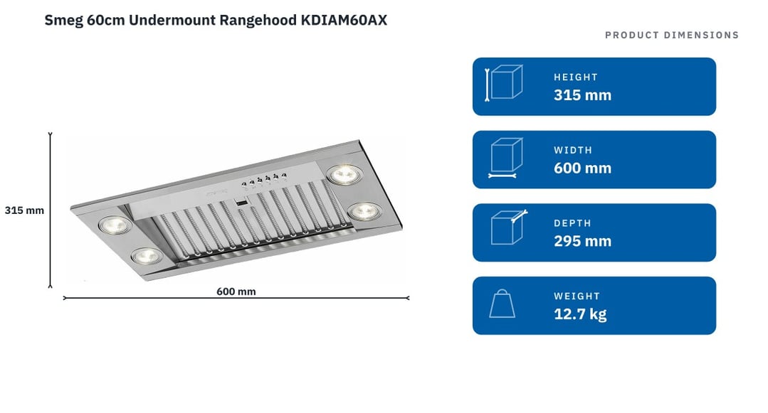 Smeg 60cm Undermount Rangehood KDIAM60AX — product dimensions