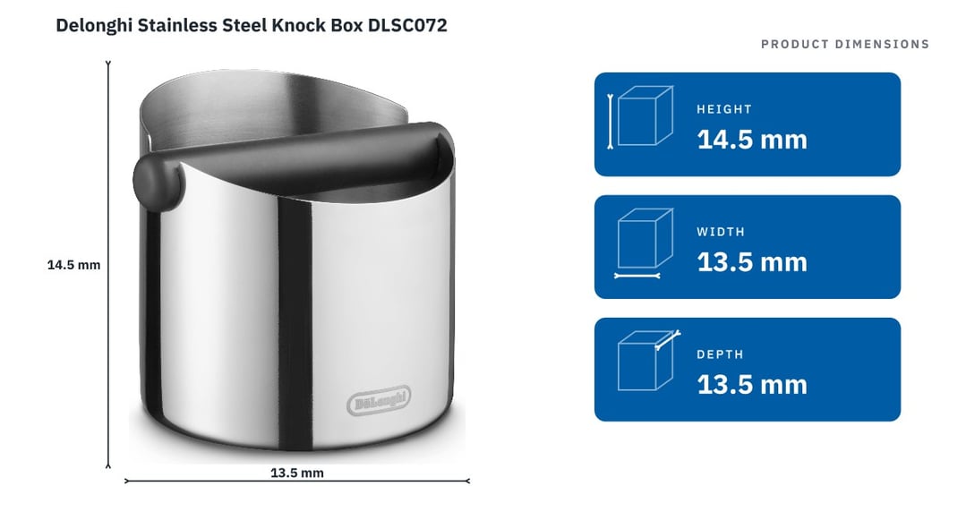 Delonghi Stainless Steel Knock Box DLSC072 — product dimensions