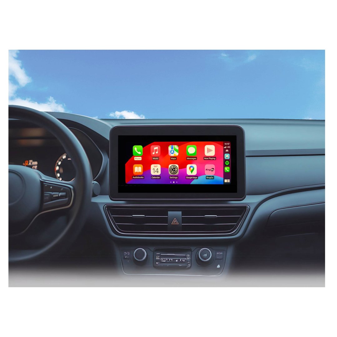 Car interior with a screen displaying phone apps, seen from the driver's seat