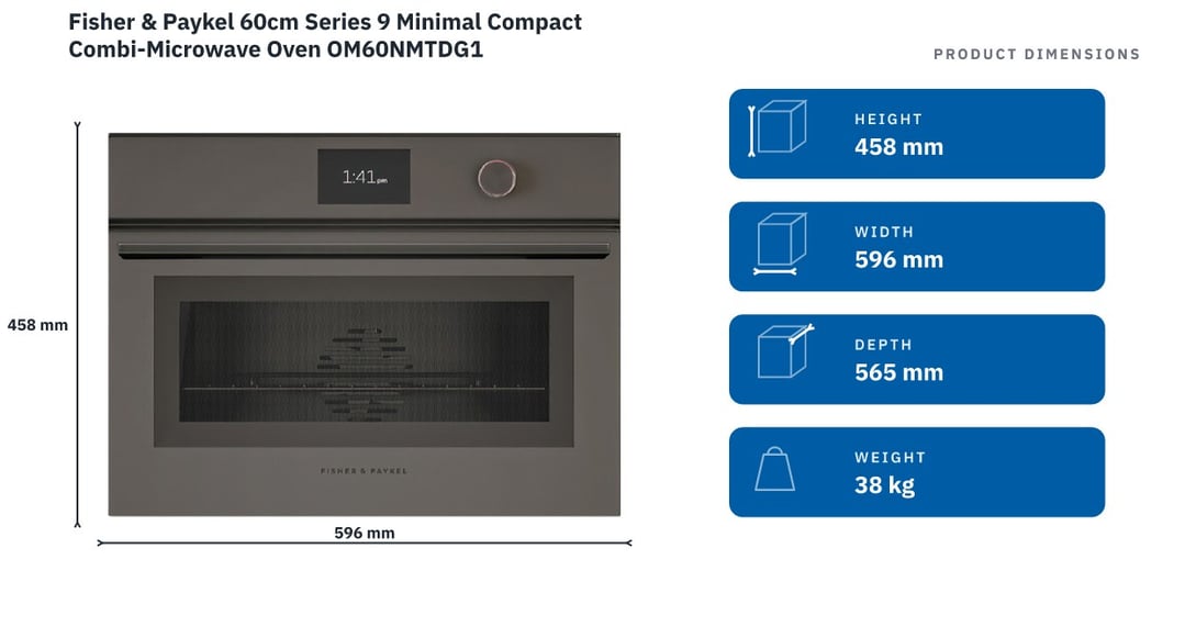 Fisher & Paykel 60cm Series 9 Minimal Compact Combi-Microwave Oven OM60NMTDG1 — product dimensions