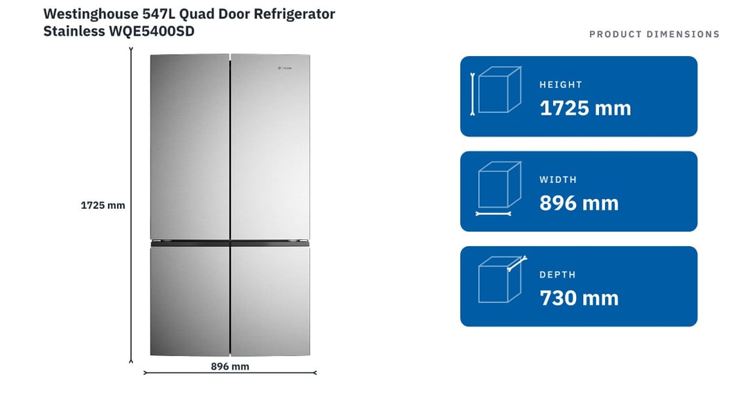 Westinghouse 547L Quad Door Refrigerator Stainless WQE5400SD — product dimensions