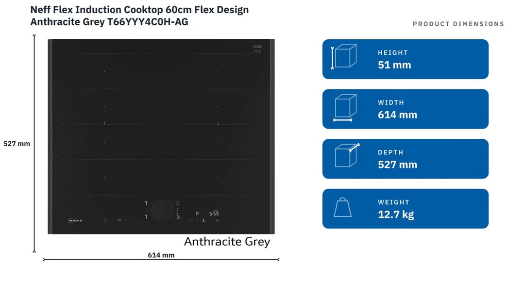 Neff Flex Induction Cooktop 60cm Flex Design Anthracite Grey T66YYY4C0H-AG — product dimensions