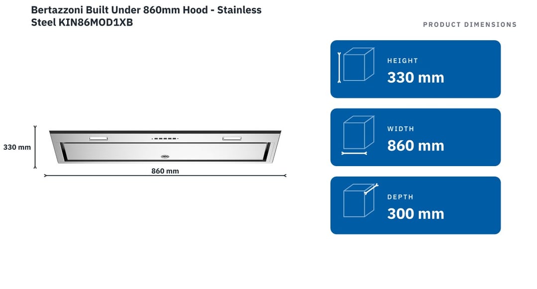 Bertazzoni Built Under 860mm Hood - Stainless Steel KIN86MOD1XB — product dimensions