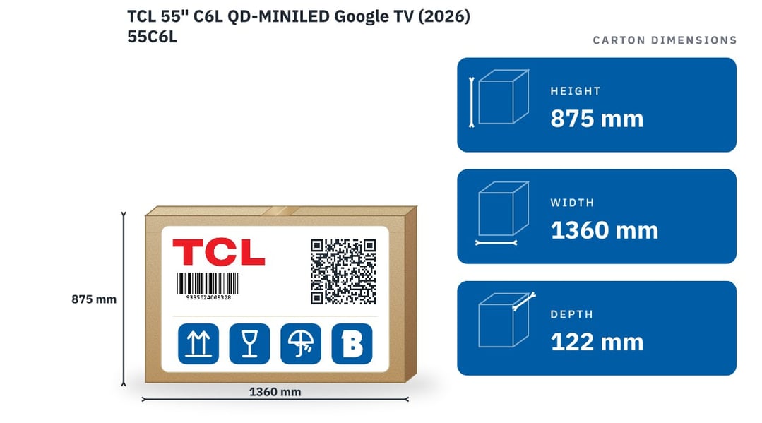 TCL 55" C6L QD-MINILED Google TV (2026) 55C6L — packaged dimensions