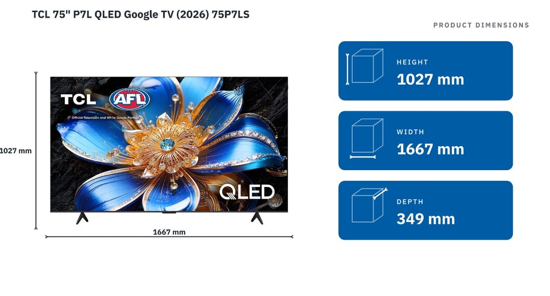 TCL 75" P7L QLED Google TV (2026) 75P7LS — product dimensions