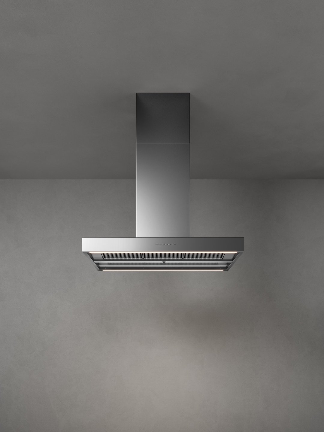 Stainless steel rangehood with illuminated controls and lights in a grey room