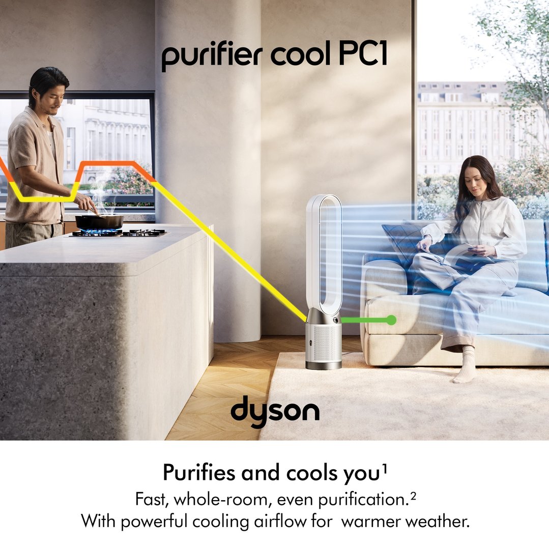 Dyson Purifier Cool PC1 purifying fan in a living room with people