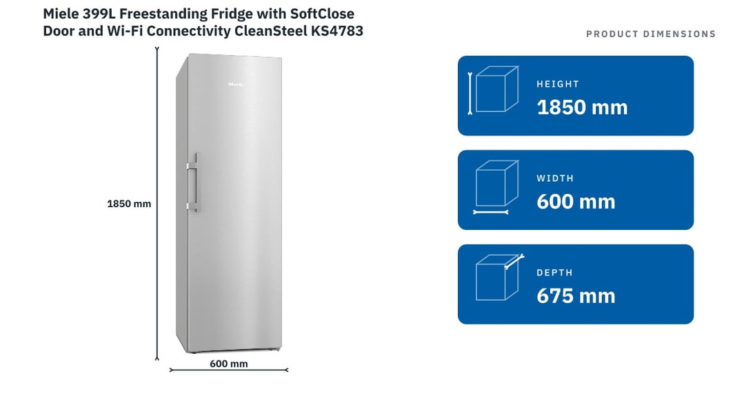 Miele 399L Freestanding Fridge with SoftClose Door and Wi-Fi Connectivity CleanSteel KS4783