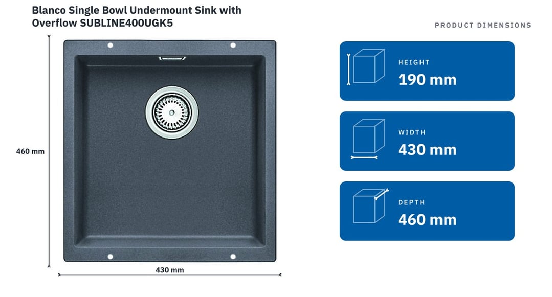 Blanco Single Bowl Undermount Sink with Overflow SUBLINE400UGK5 — product dimensions