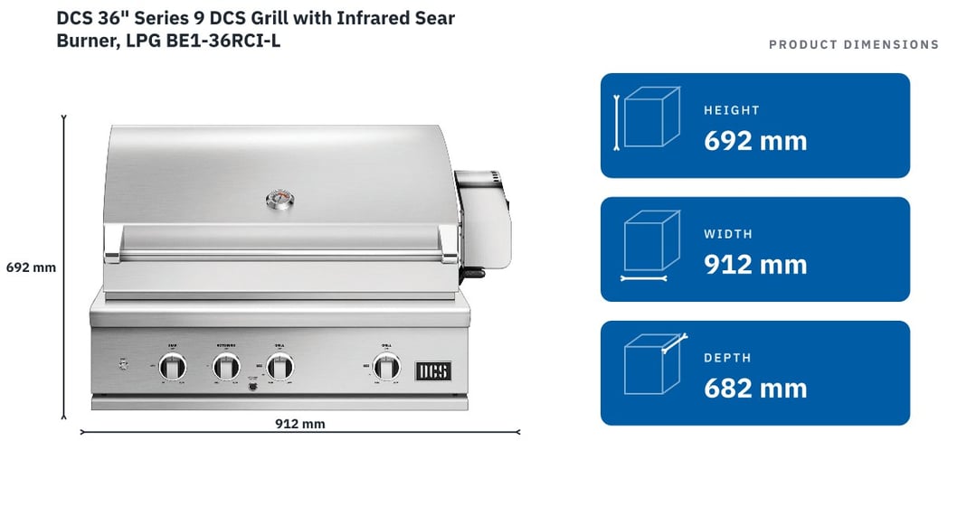 DCS 36" Series 9 DCS Grill with Infrared Sear Burner, LPG BE1-36RCI-L — product dimensions