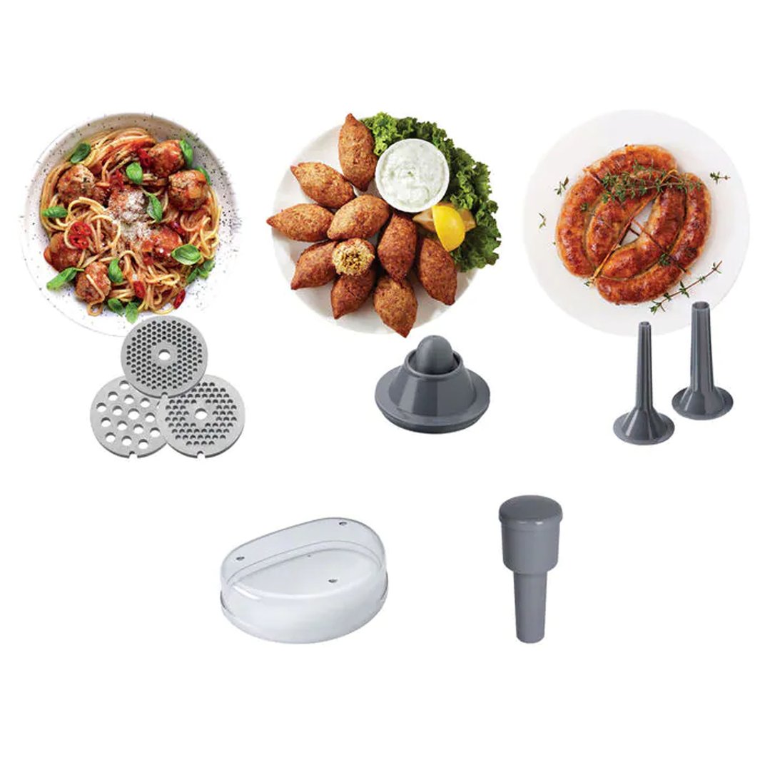 Food mincer accessories displayed with examples of prepared food dishes