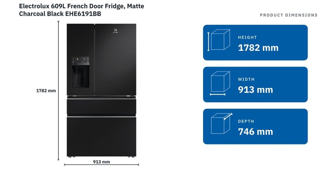 Electrolux 609L French Door Fridge, Matte Charcoal Black EHE6191BB — product dimensions