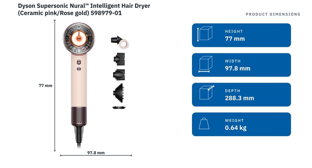 Dyson Supersonic Nural™ Intelligent Hair Dryer (Ceramic pink/Rose gold) 598979-01 — product dimensions