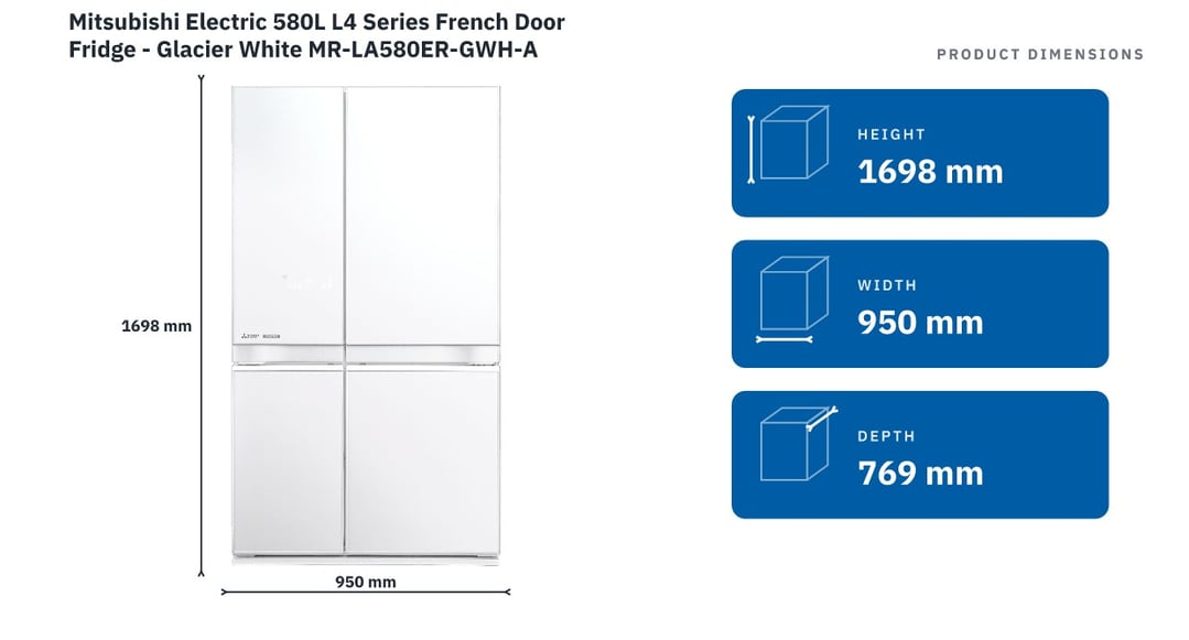 Mitsubishi Electric 580L L4 Series French Door Fridge - Glacier White MR-LA580ER-GWH-A