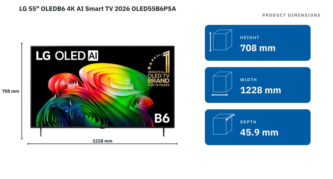 LG 55" OLEDB6 4K AI Smart TV 2026 OLED55B6PSA — product dimensions