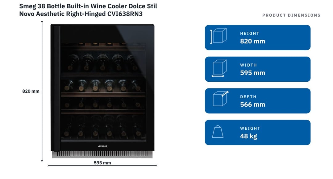 Smeg 38 Bottle Built-in Wine Cooler Dolce Stil Novo Aesthetic Right-Hinged CVI638RN3 — product dimensions
