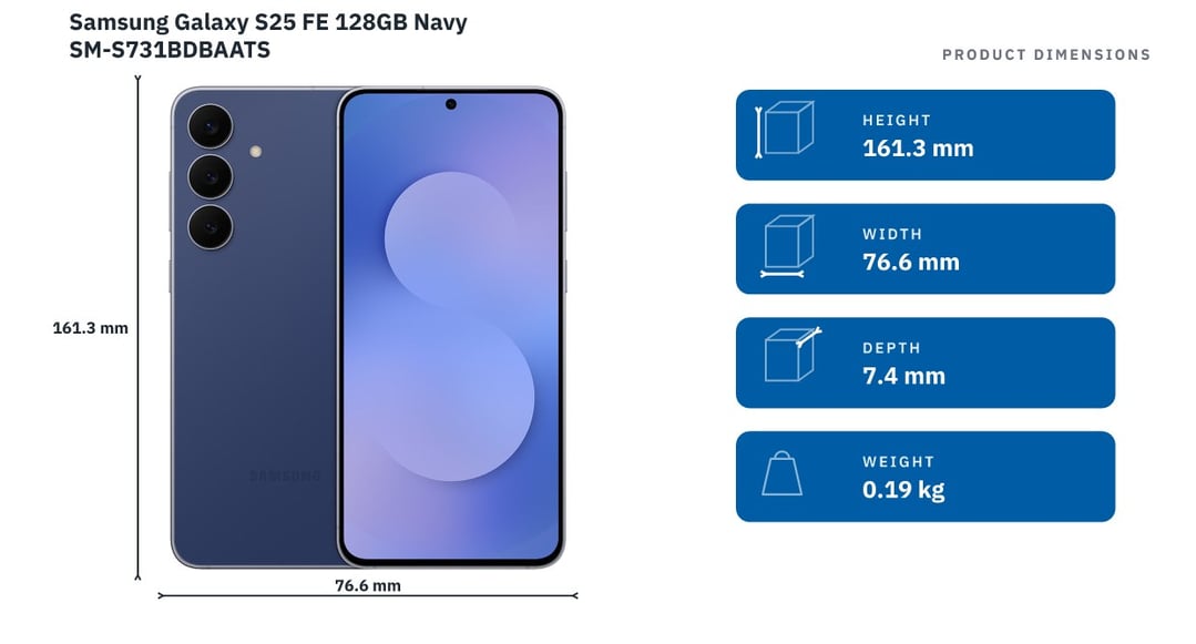 Samsung Galaxy S25 FE 128GB Navy SM-S731BDBAATS — product dimensions
