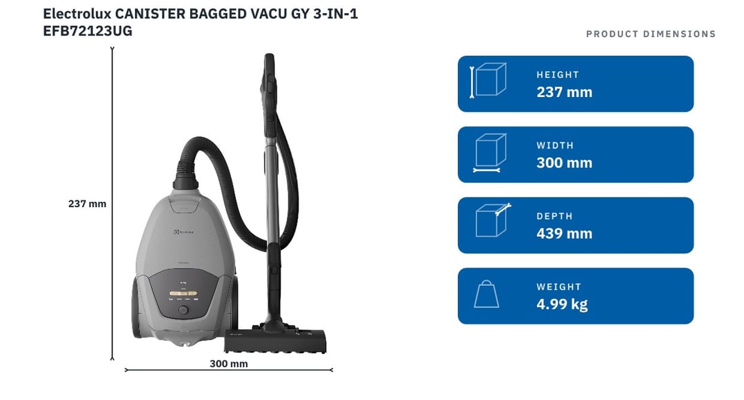 Electrolux Canister Bagged Vacuum Cleaner, Ultra Silencer Turbo - Urban Grey EFB72123UG