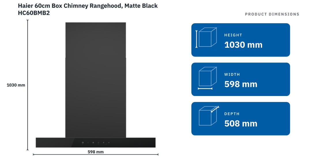 Haier 60cm Box Chimney Rangehood, Matte Black HC60BMB2 — product dimensions