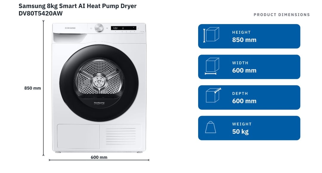 Samsung 8kg Smart AI Heat Pump Dryer DV80T5420AW — product dimensions
