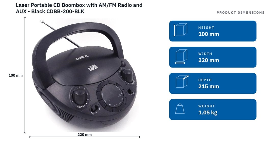 Laser Portable CD Boombox with AM/FM Radio and AUX - Black CDBB-200-BLK — product dimensions