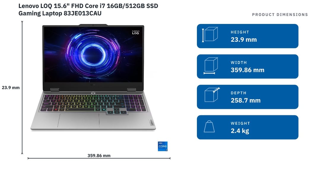 Lenovo LOQ 15.6" FHD Core i7 16GB/512GB SSD Gaming Laptop 83JE013CAU — product dimensions