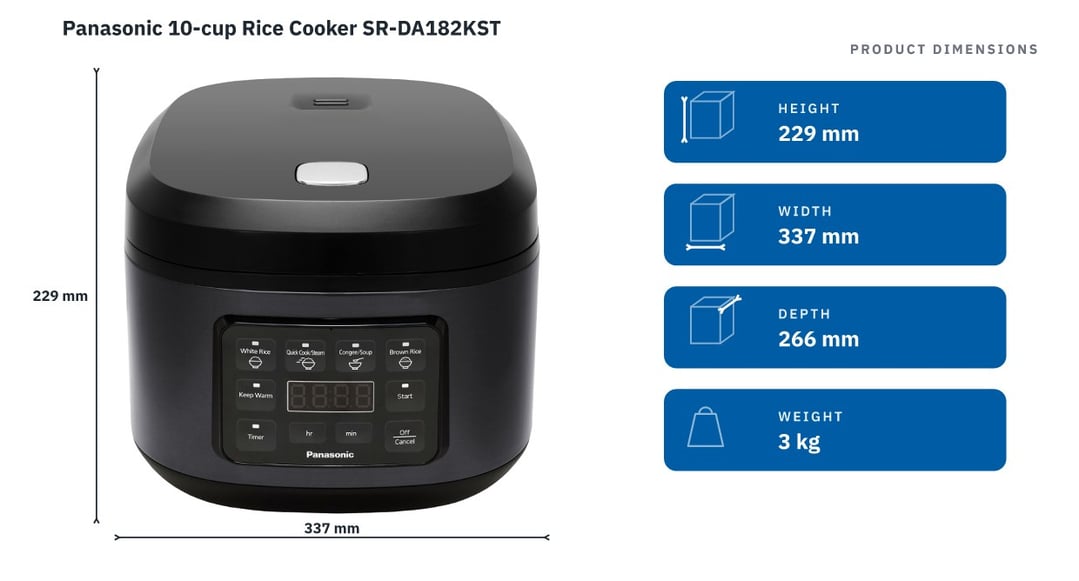 Panasonic 10-cup Rice Cooker SR-DA182KST — product dimensions