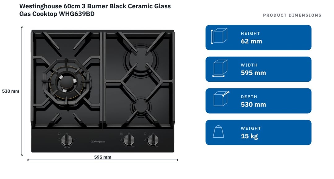 Westinghouse 60cm 3 Burner Black Ceramic Glass Gas Cooktop WHG639BD — product dimensions