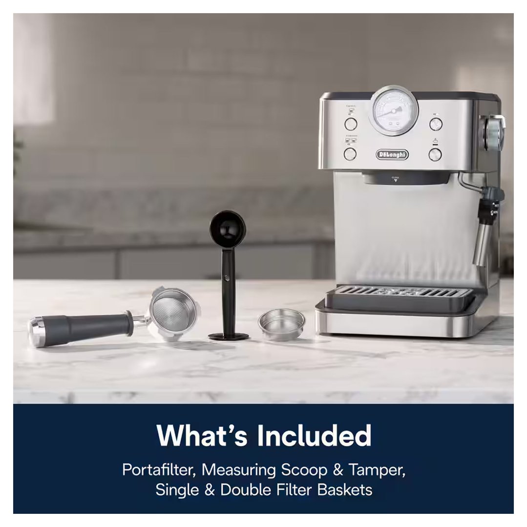 Coffee machine and accessories on a marble countertop in a kitchen setting