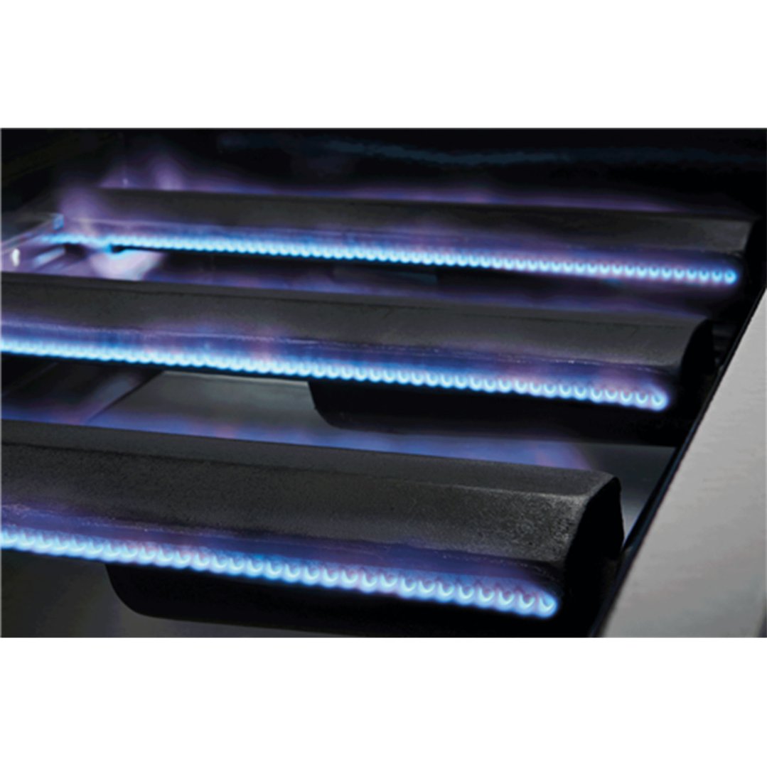 Close up of blue flames from the burners of a barbecue