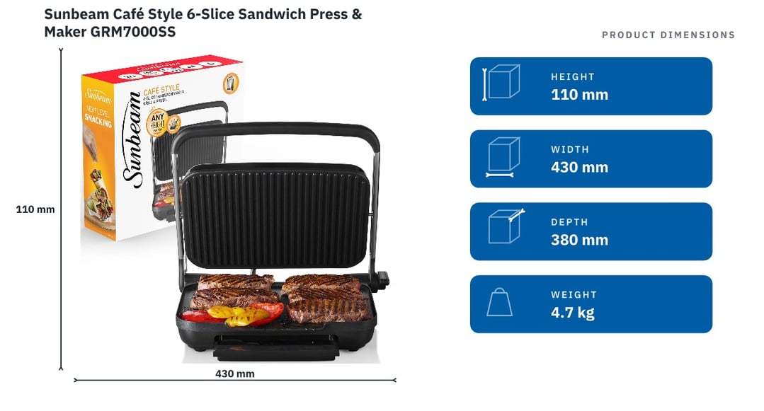 Sunbeam Café Style 6-Slice Sandwich Press & Maker GRM7000SS — product dimensions