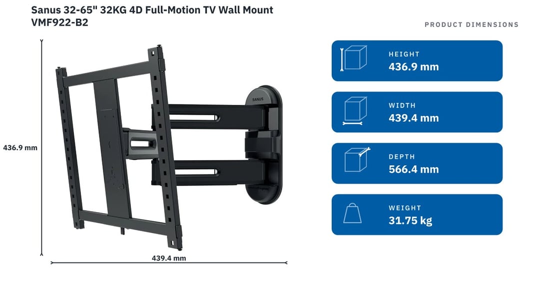 Sanus 32-65" 32KG 4D Full-Motion TV Wall Mount VMF922-B2 — product dimensions