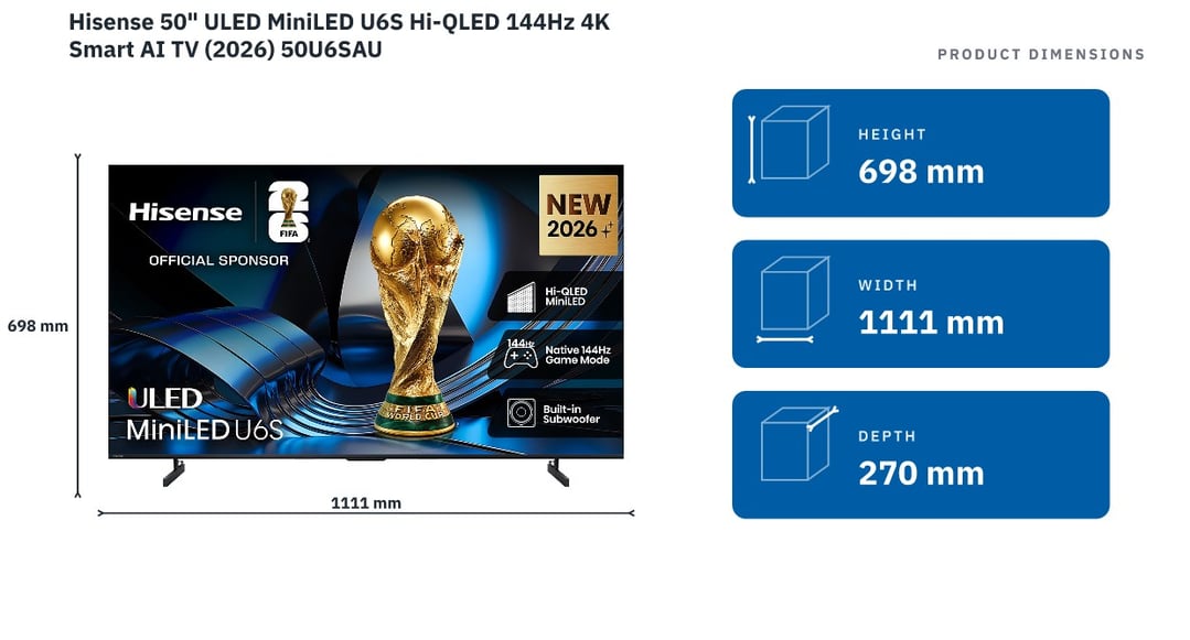 Hisense 50" ULED MiniLED U6S Hi-QLED 144Hz 4K Smart AI TV (2026) 50U6SAU