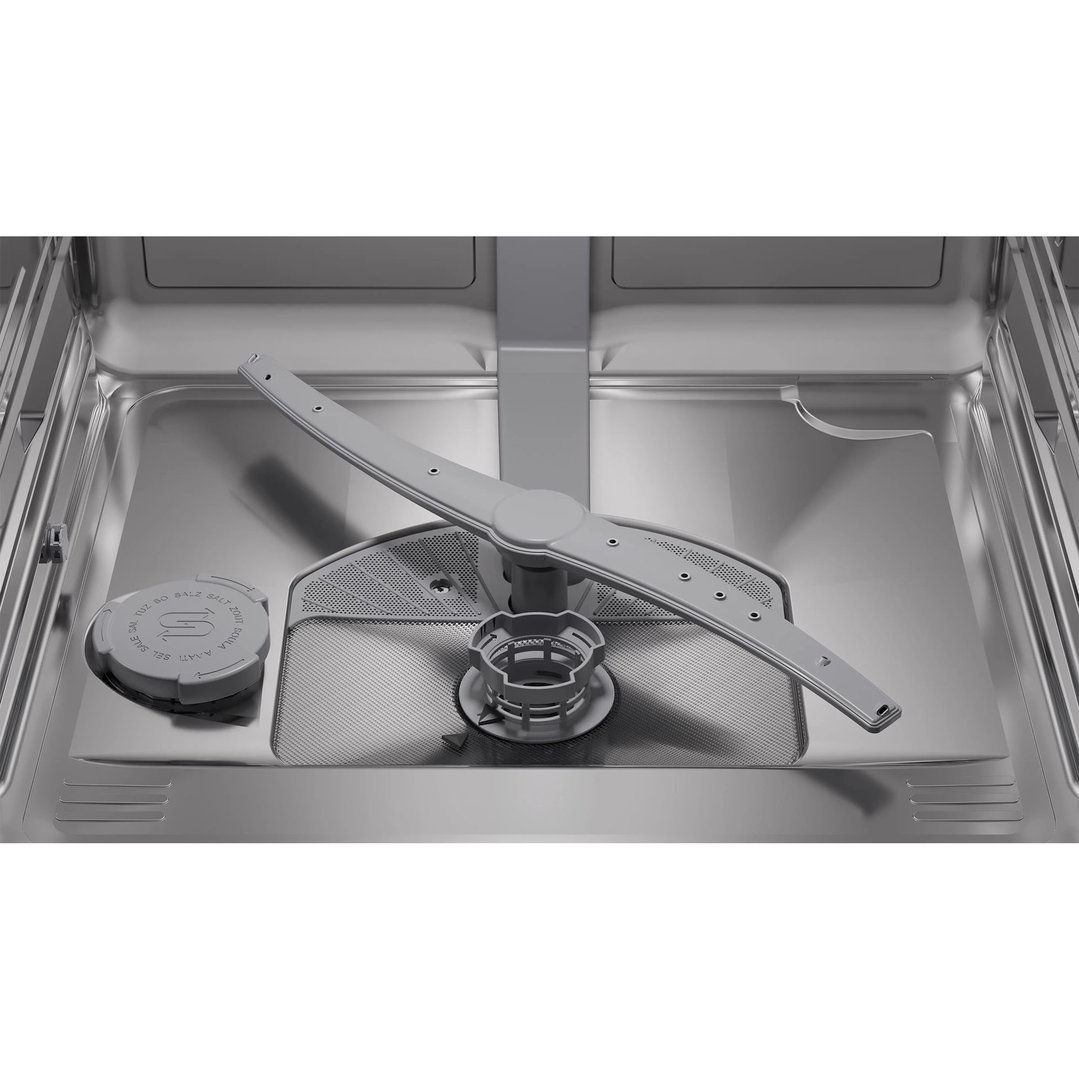 Interior view of a dishwasher showing the spray arm and filter
