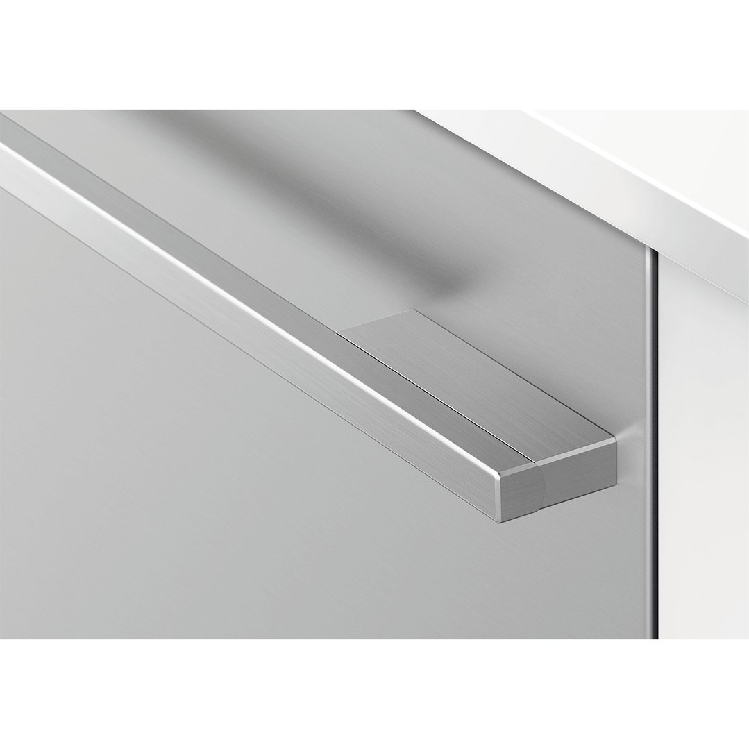 Close up of a stainless steel handle on an integrated DishDrawer dishwasher