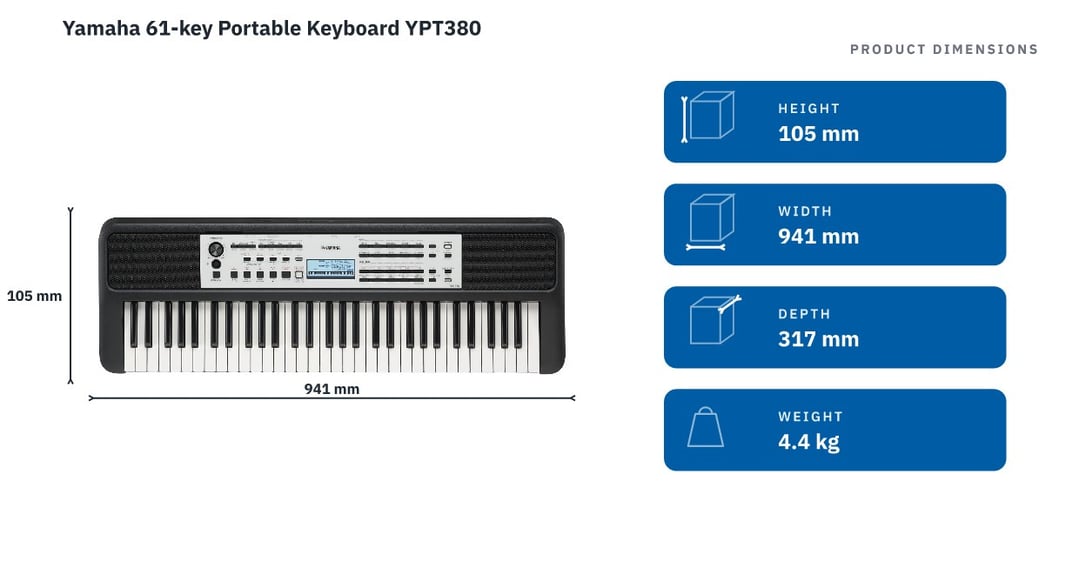 Yamaha 61-key Portable Keyboard YPT380 — product dimensions