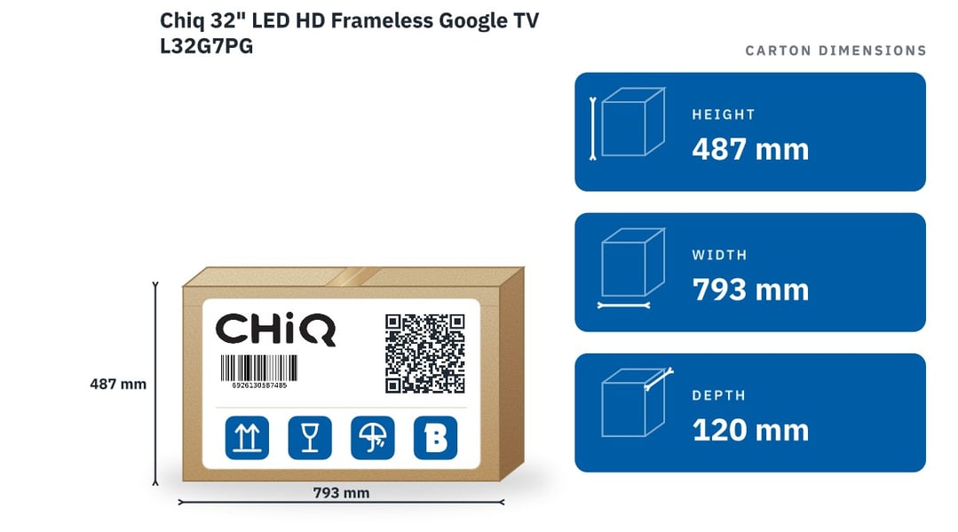 Chiq 32" LED HD Frameless Google TV L32G7PG — packaged dimensions
