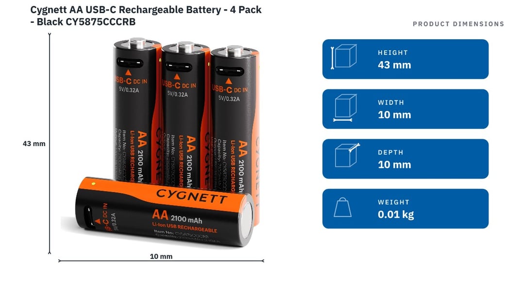 Cygnett AA USB-C Rechargeable Battery - 4 Pack - Black CY5875CCCRB — product dimensions