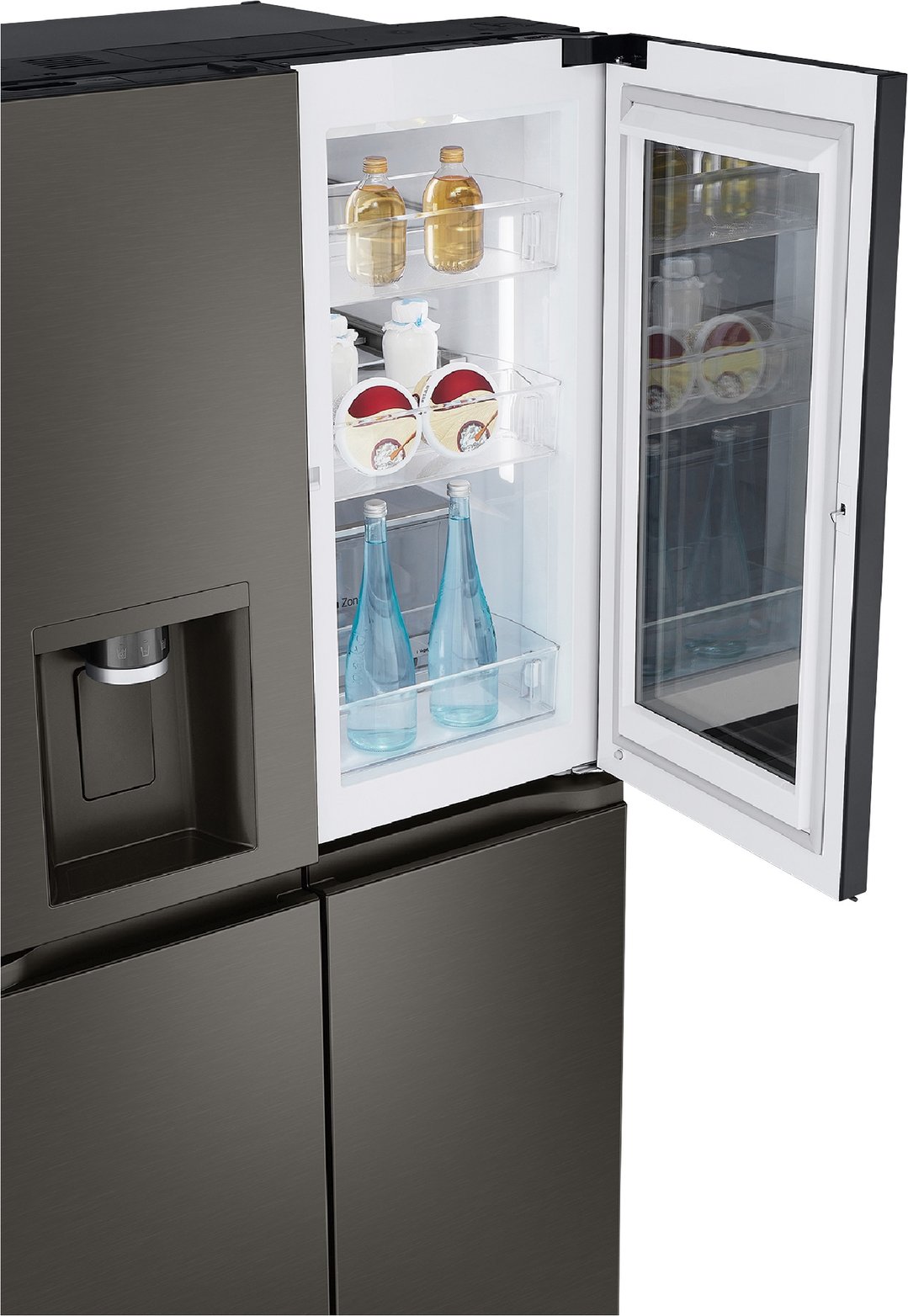 Open black stainless French door fridge with drinks and food on shelves