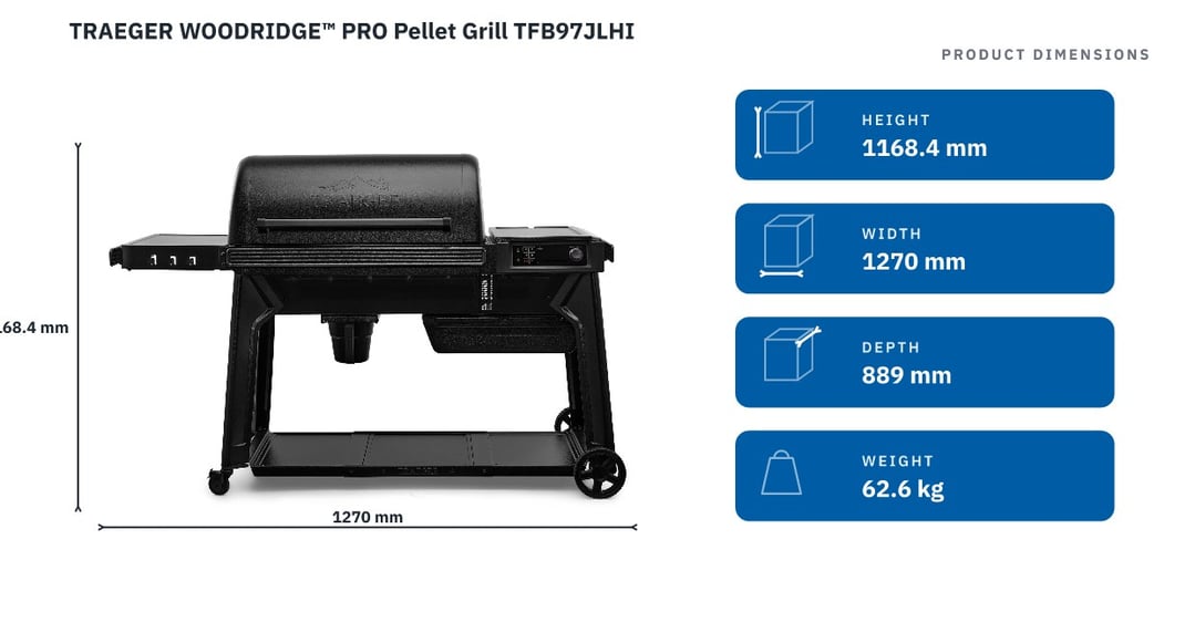 TRAEGER WOODRIDGE™ PRO Pellet Grill TFB97JLHI — product dimensions