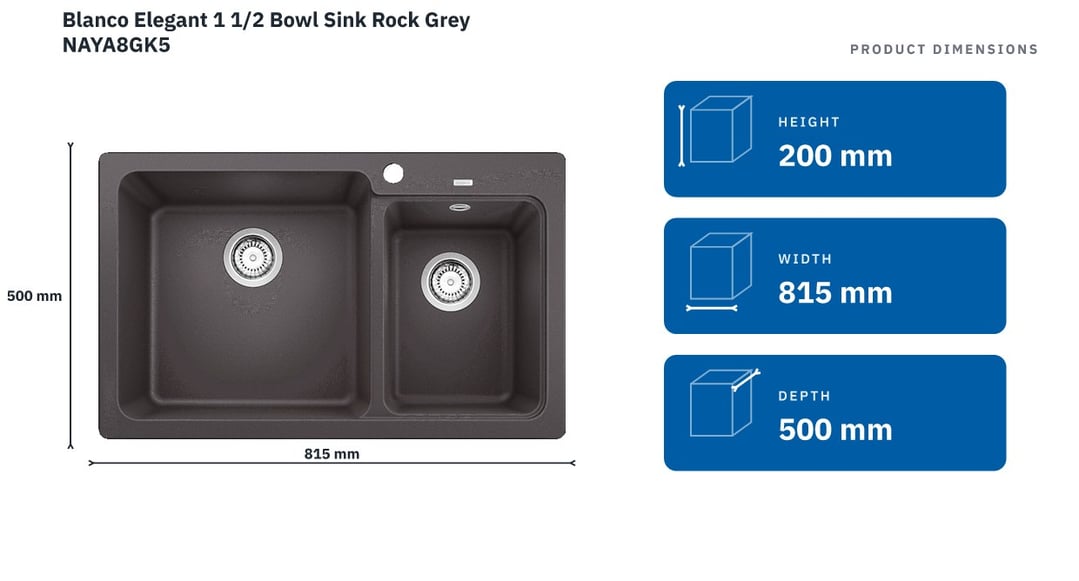 Blanco Elegant 1 1/2 Bowl Sink Rock Grey NAYA8GK5 — product dimensions