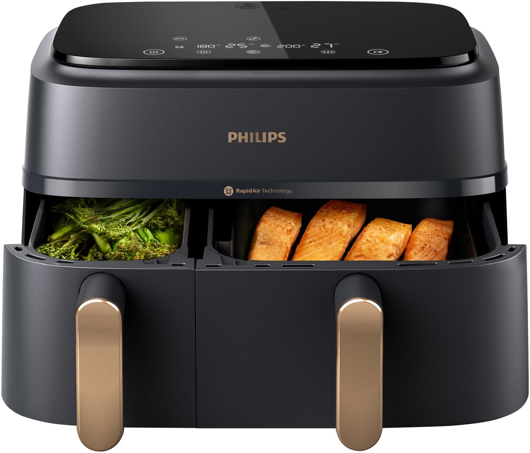 Black Philips airfryer with two baskets, one with broccoli, one with salmon