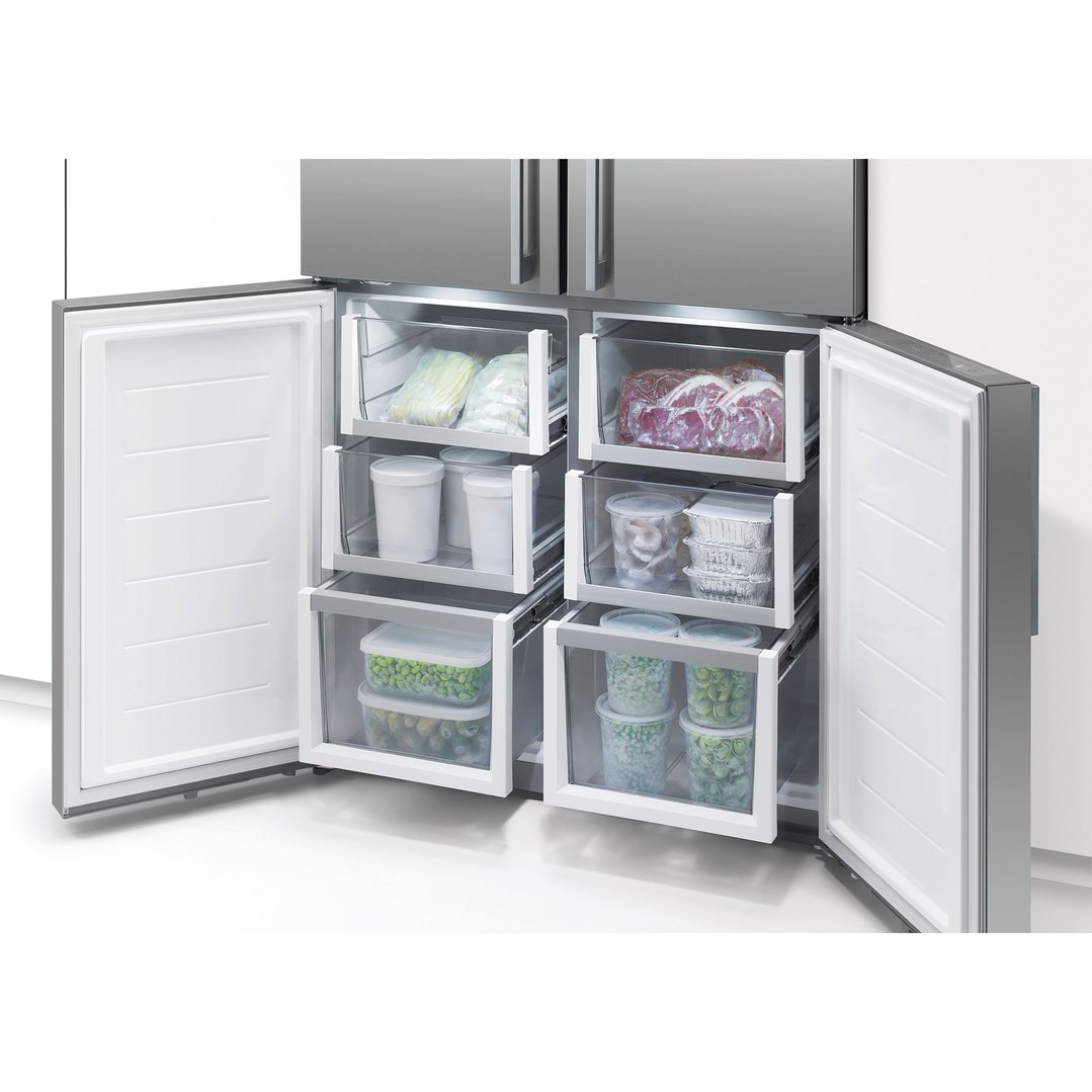 Open quad door refrigerator freezer showing various frozen foods inside
